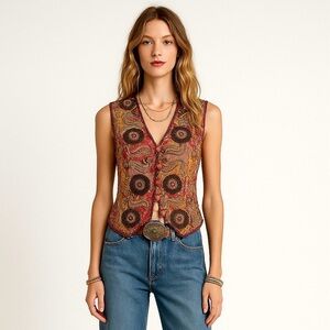 Vintage Fairycore Vest 10 Red Yellow Gold Floral Beaded Boho Festival Top Class